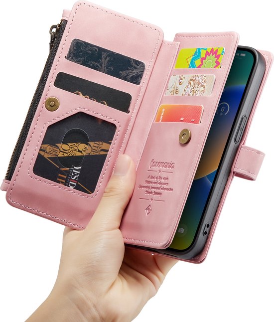 Coque Apple iPhone 14 Pink Pâle - Casemania Luxe Wallet Book Case with Zipper
