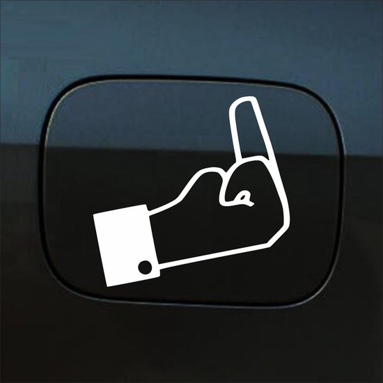 Witte sticker van een hand die de middelvinger opsteekt, op een donker oppervlak.