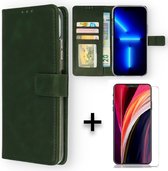 Apple iPhone 14 Plus Case Green & Verres Screen Protector - Wallet Book Case - Porte-cartes et languette magnétique
