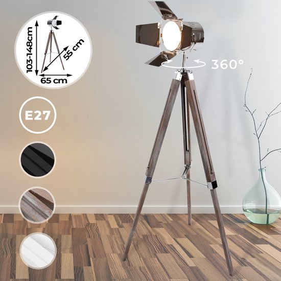 GoodVibes - Staande Vloerlamp met Houten Statief - Chromen Lampenkap - Hoogte Verstelbaar tot max. 148 cm - Vintage/Industriële Lamp - Studiolamp met Statief - Antiek Hout