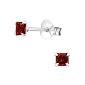 Joy|S - Zilveren vierkant oorbellen - rood kristal - 3 mm