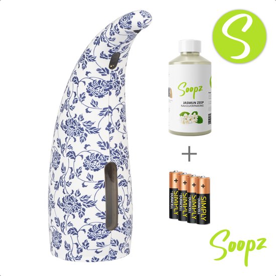 Flower Power Comfort SET - Distributeur de savon automatique - Avec savon Soopz Jasmin - Avec piles - No contact - Blauw - Motif fleuri - Distributeur de savon avec capteur - 300ml - Distributeur de savon