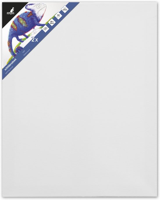 Wit canvasdoek met een kleurrijke kameleon-illustratie en productinformatie in de hoek.