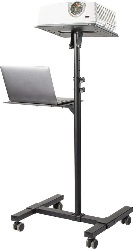 Table de projecteur noire sur roues avec plateau pour ordinateur portable, un projecteur blanc et un ordinateur portable argenté.