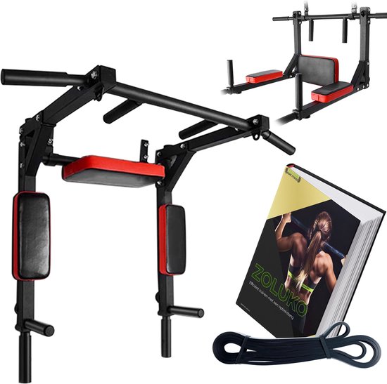 Foto: Zoluko professionele dip pull up bar wandmontage incl weerstandsband medium en e book 200kg draagkracht dip station eenvoudige bevestiging 2 in 1 pull up station en dip station optrekstang fitness dip bars chin up bar zwart rood