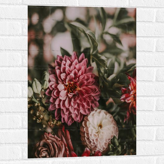 WallClassics - Muursticker - Close-Up van Rood/Roze en Witte Bloemen - 50x75 cm Foto op Muursticker