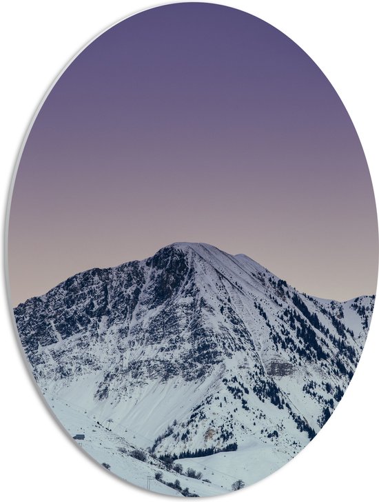 WallClassics - Panneau de mousse PVC ovale - Berg enneigée Wit avec ciel violet - 42x56 cm Photo sur ovale (avec système de suspension)