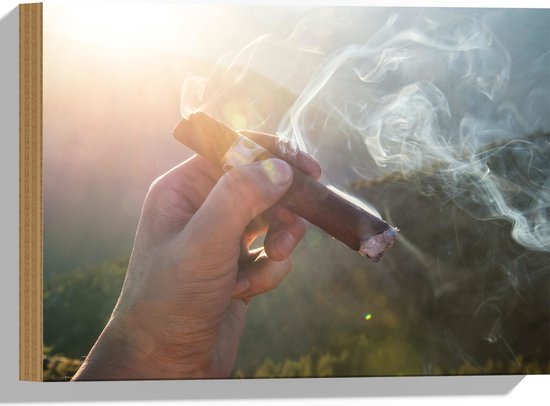 WallClassics - Bois - Main avec Fumer Cigare - 40x30 cm - 12 mm d'épaisseur - Photo sur Bois (Avec Système d'accrochage)