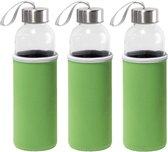 6x Stuks glazen waterfles/drinkfles met groene softshell bescherm hoes 520 ml - Sportfles - Bidon