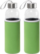 2x Stuks glazen waterfles/drinkfles met groene softshell bescherm hoes 520 ml - Sportfles - Bidon