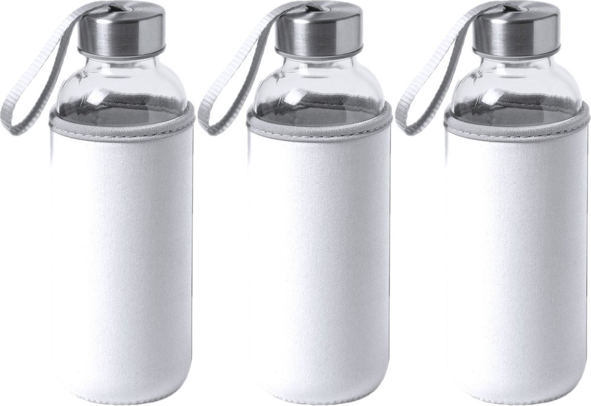 6x Stuks glazen waterfles/drinkfles met witte softshell bescherm hoes 420 ml - Sportfles - Bidon