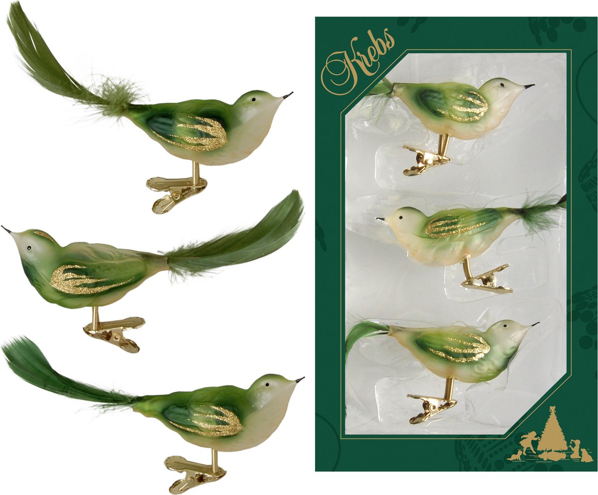 6x stuks luxe glazen decoratie vogels op clip groen 11 cm - Decoratievogeltjes - Kerstboomversiering