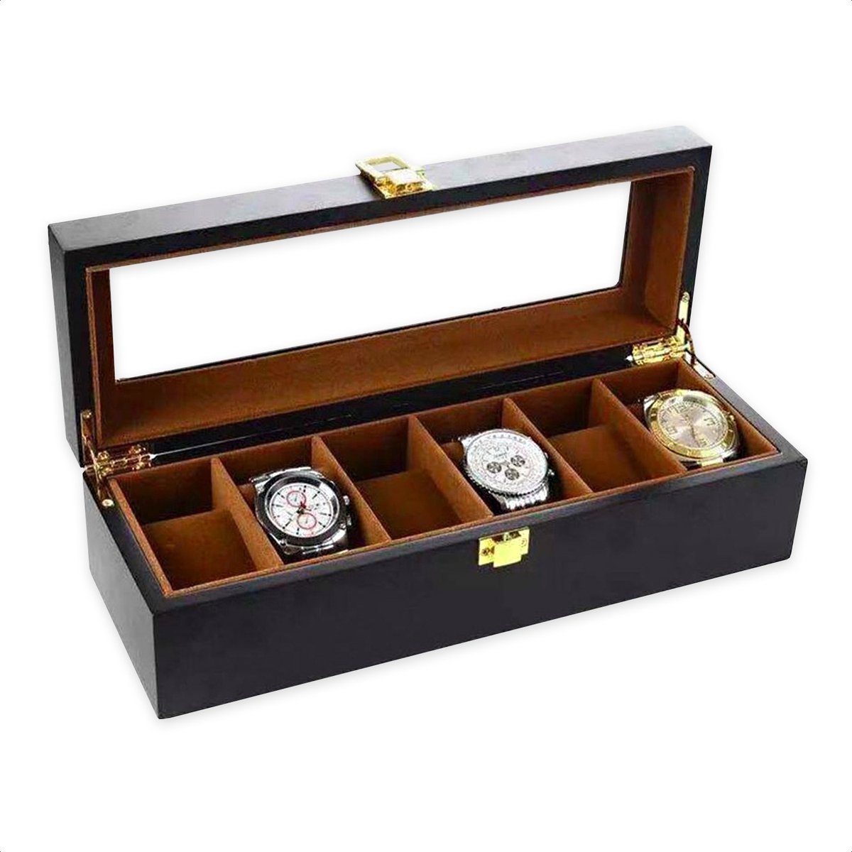 Luxe Houten Horloge Box - Geschikt voor Horloges en Sieraden - 6 Compartimenten met 6 Kussentjes - Zwart-Bruin