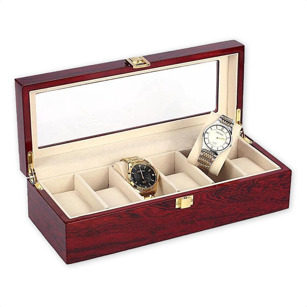 Confibel Horlogedoos - Luxe Houten Horloge Box - Geschikt voor Horloges en Sieraden - 6 Compartimenten met 6 Kussentjes - Hout