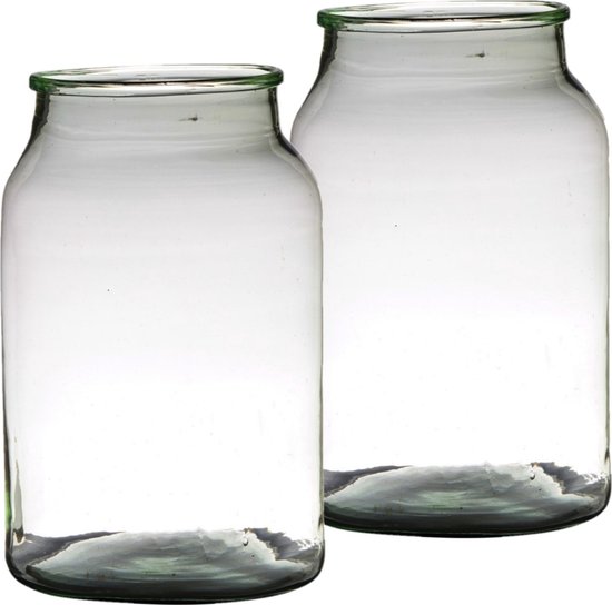 Set van 2x stuks bloemenvazen van gerecycled glas met hoogte 34 cm en diameter 22 cm - Glazen transparante vazen