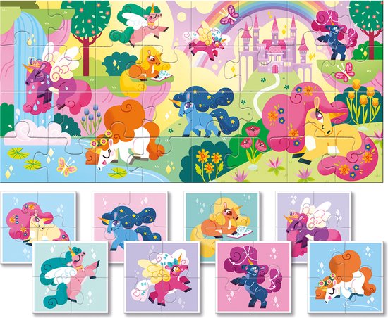 Puzzles Ludattica DUDÙ : PUZZLE BÉBÉ LICORNES, 18x18x10cm, 8 puzzles recto-verso de 4 pièces (16x16cm) forment un puzzle de 32 pièces au dos, 2+