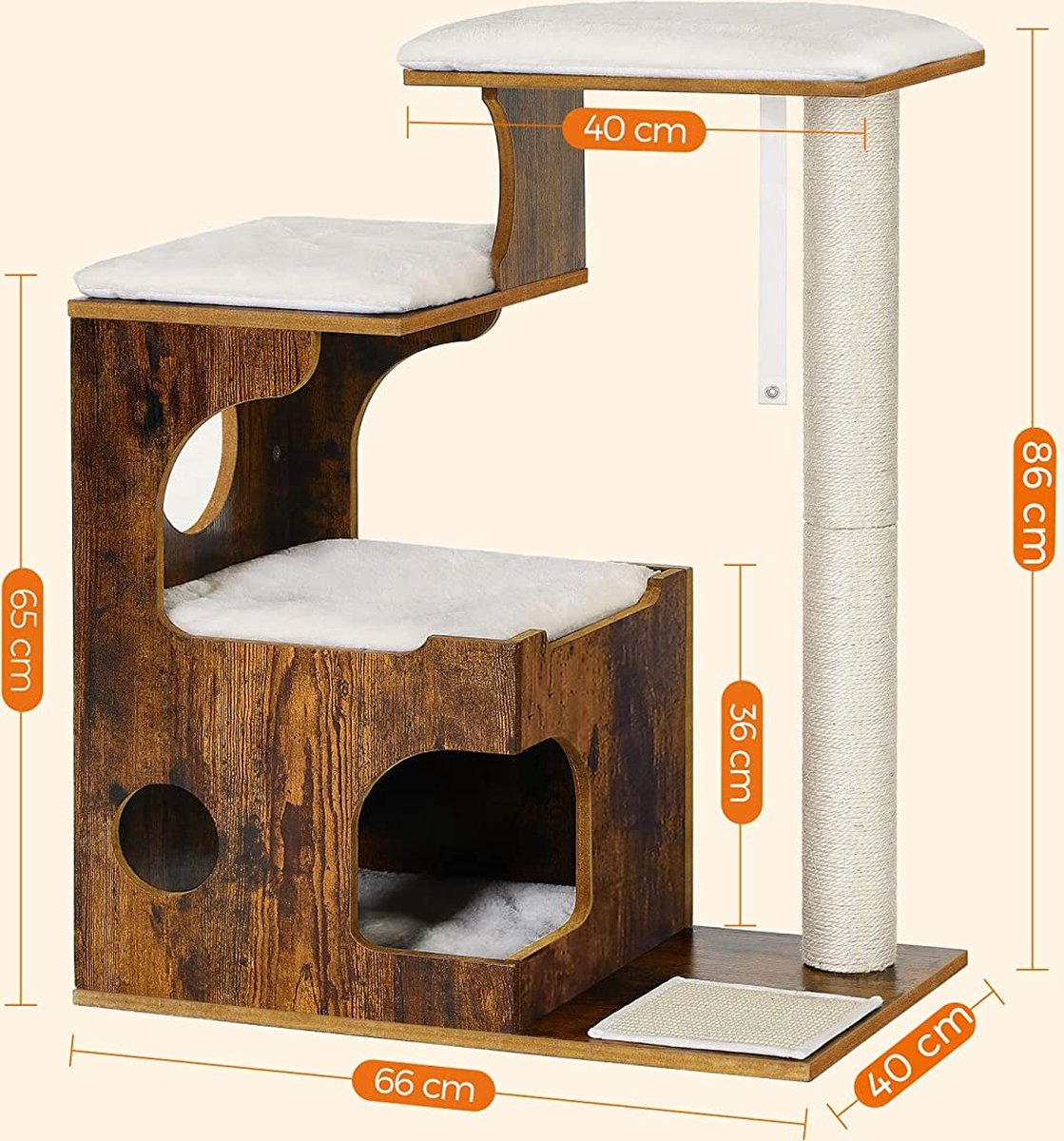 COSTWAY 90 cm krabpaal van hout, kattenboom met 4 pluche