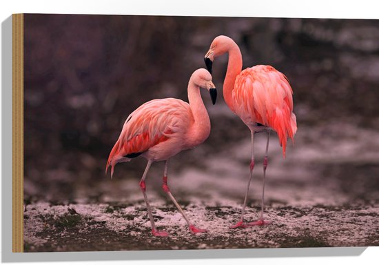 WallClassics - Hout - Roze Flamingos - 60x40 cm - 12 mm dik - Foto op Hout (Met Ophangsysteem)