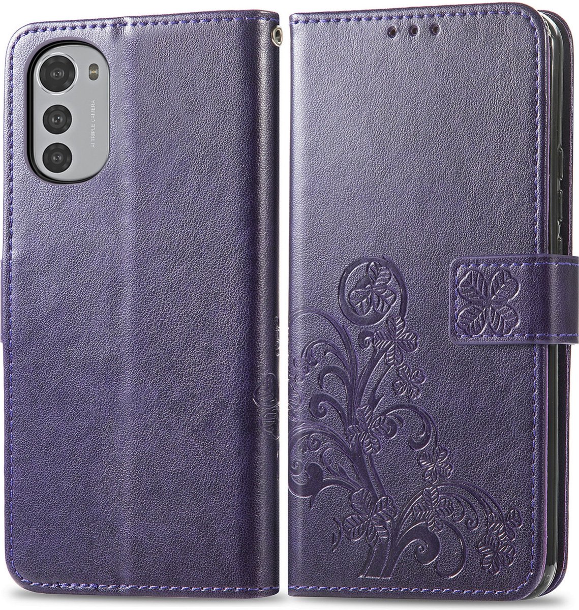 Mobigear Telefoonhoesje geschikt voor Motorola Moto E32s Hoesje | Mobigear Clover Bookcase Portemonnee | Pasjeshouder voor 3 Pasjes | Telefoonhoesje voor Pinpas / OV Kaart / Rijbewijs - Paars
