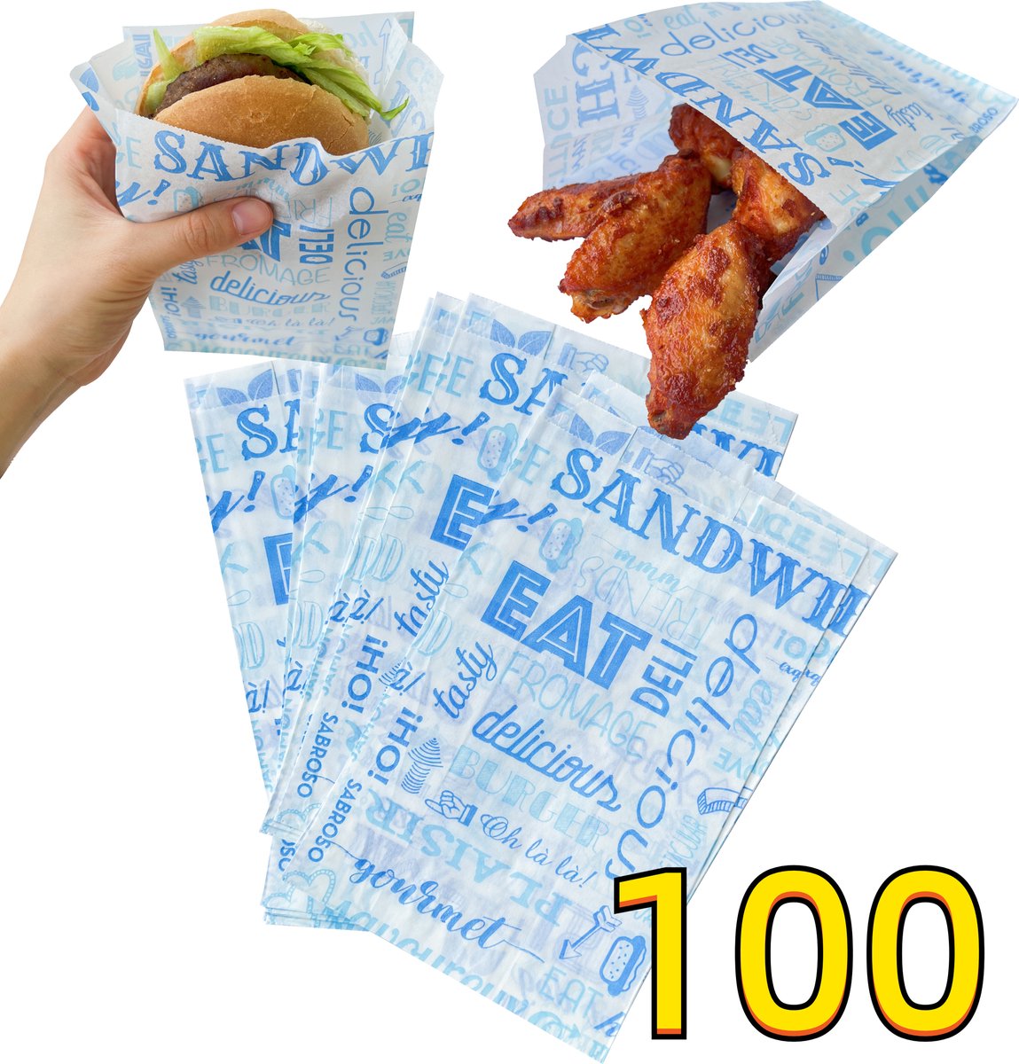 Rainbecom - 100 Stuks - Hamburger Zakje Papier - Vetvrij Papier - Papieren Zak voor Sandwiches - Blauw