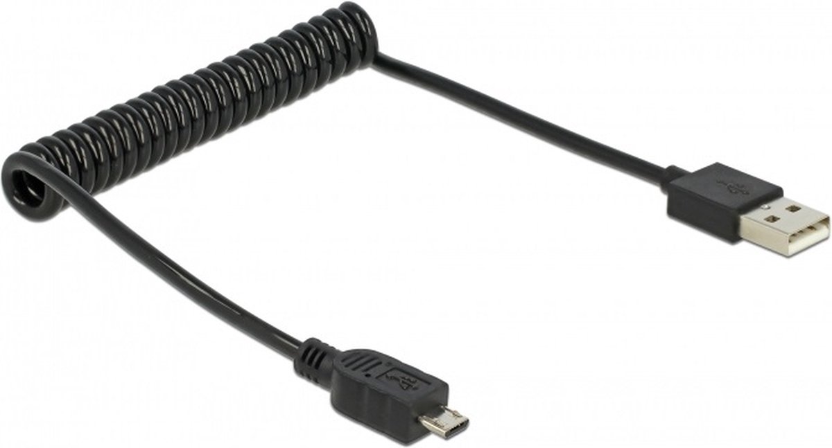 USB Micro B naar USB-A spiraalkabel - USB2.0 - tot 2A / zwart - 1 meter