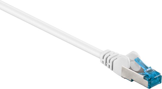 Câble réseau blanc CAT6a avec un connecteur RJ45 argenté à clip bleu.