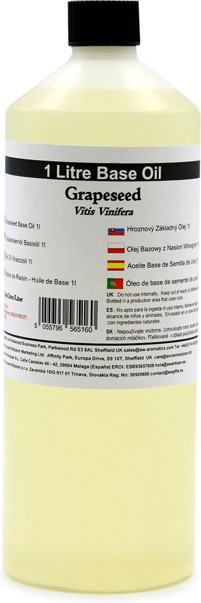 Goedkoopste Basis Olie - Druivenpit Olie - 1 Liter - Aromatherapie - Basisolie - Draagolie - Basisolie Voor Etherische Oliën