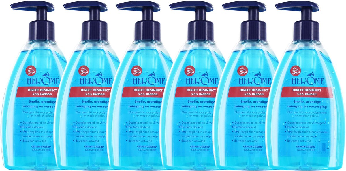 Goedkoopste Herome 6-Pack Direct Desinfect Handgel 200ml. - Desinfecterende Handgel met 80 Alcohol - Beschermt Tegen Bacteriën en Droogt de Handen Niet Uit - 6 200ml.