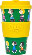 Quy Cup 400ml Ecologische Reis Beker - Peanuts Snoopy "Race" - BPA Vrij - Gemaakt van Gerecyclede Pet Flessen met Gele Siliconen deksel