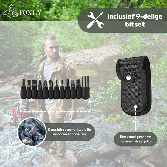 FOXLY® 14-in-1 Multifunctioneel  Zakmes + Draagetui + 9-delige Bitset Outdoor - Survival mes - Jachtmes - Camping - Kamperen - Bold X95 - FOXLY