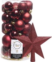 Decoris kerstballen 30x stuks - donkerrood 4/5/6 cm kunststof mat/glans/glitter mix en kunststof piek 19 cm