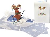 Popcards popupkaarten – Grappige Kerstkaart Rendier Rudolf met zijn rode neus op ski's - Rudolph Rednosed Reindeer Merry Christmas Wintersport pop-up kaart 3D wenskaart