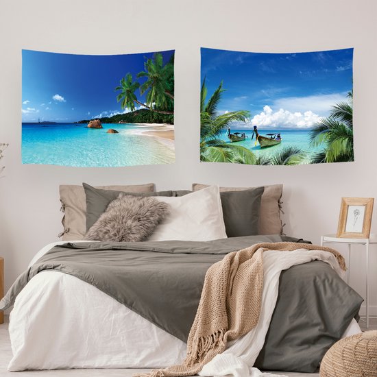 Ulticool - Tapisserie - Plage Mer Palmier Été - Set de 2 Motifs - 73 cm x 95 cm - Tissu Tapisserie Peinture - Poster Art - Blauw