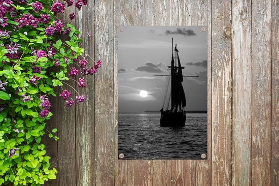 Décoration de jardin Bateau sur l'eau au coucher du soleil à Key West - noir et blanc - 40x60 cm - Poster jardin - Toile jardin - Poster extérieur
