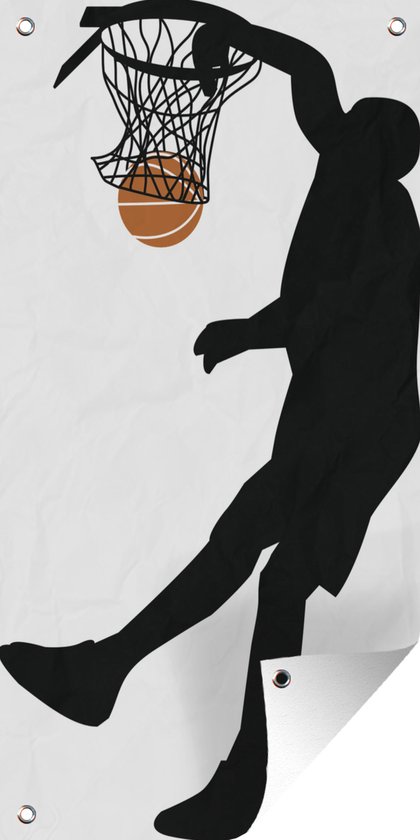 Tuinposter Een illustratie van een basketballend silhouet die de bal dunkt - 40x80 cm - Wanddecoratie Buiten - Tuinposter - Tuindoek - Schuttingposter - Tuinschilderij