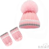 Soft Touch Babymuts Grote Pompom Met Wantjes Chevron Acryl Roze Maat S H648-P-SM