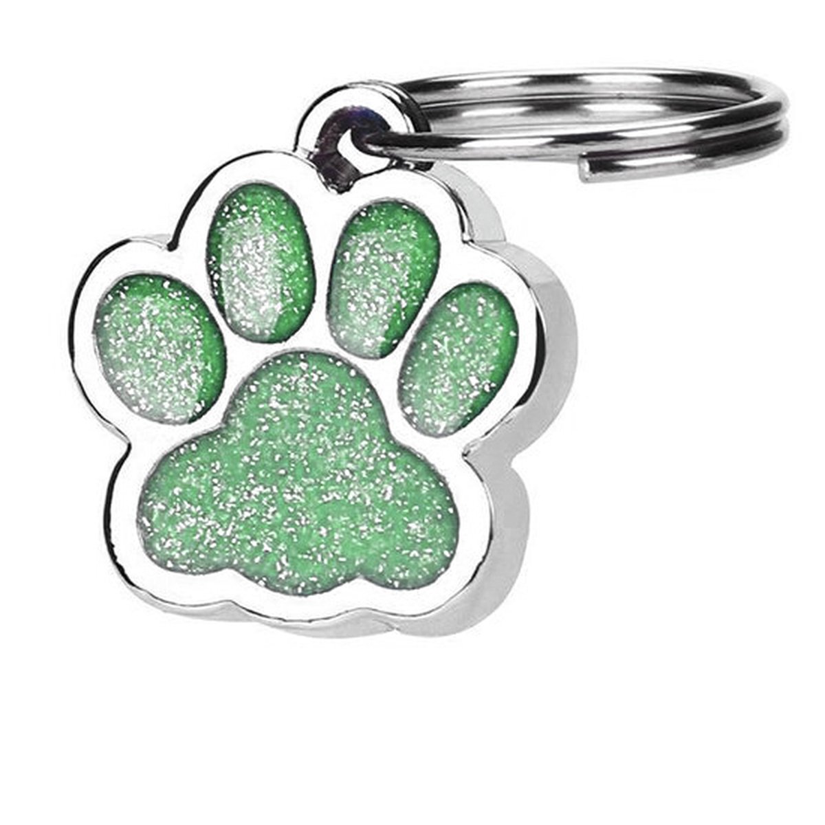 Hanger hondenpootje licht groen en zilver met glitter 15x20 mm met ring