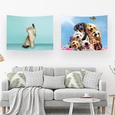 Ulticool – Wandkleed - Hond Dieren Honden Kat Poes Huisdier – Set van 2 designs - 73 x 95 cm – Wandtapijt Stof – Poster Art – Blauw Wit