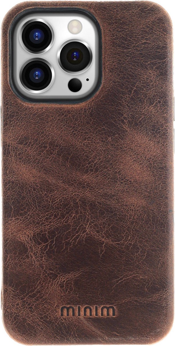 Minim Hoesje Echt Leer Back Cover Bruin Geschikt voor Apple iPhone 14 Pro