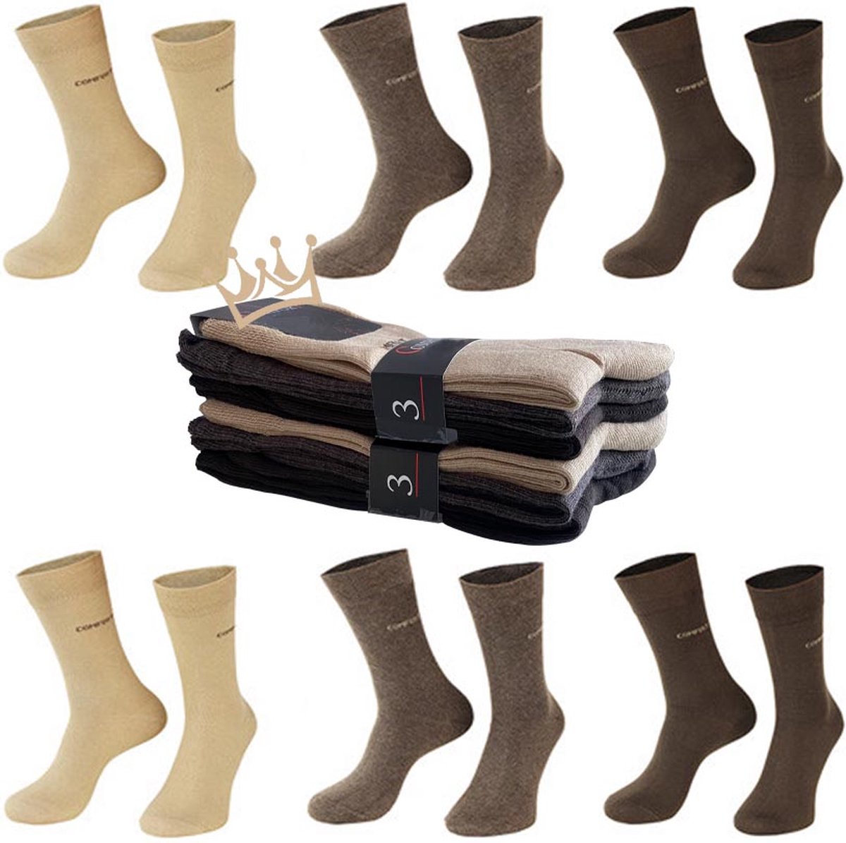 Nakkie's luxe katoenen sokken die niet knellen - 6 paar - Maat 43-46 - Ruime boord - Wijde boord - Naadloos - Beige/Bruin mix - Cadeau tip - vaderdag kado tip