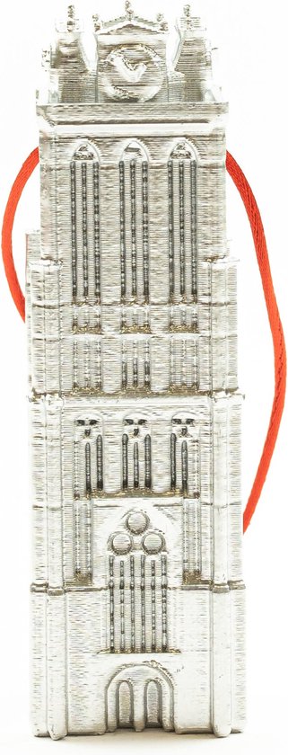 Zilveren kersthanger van de Grote Kerk met rode lus.