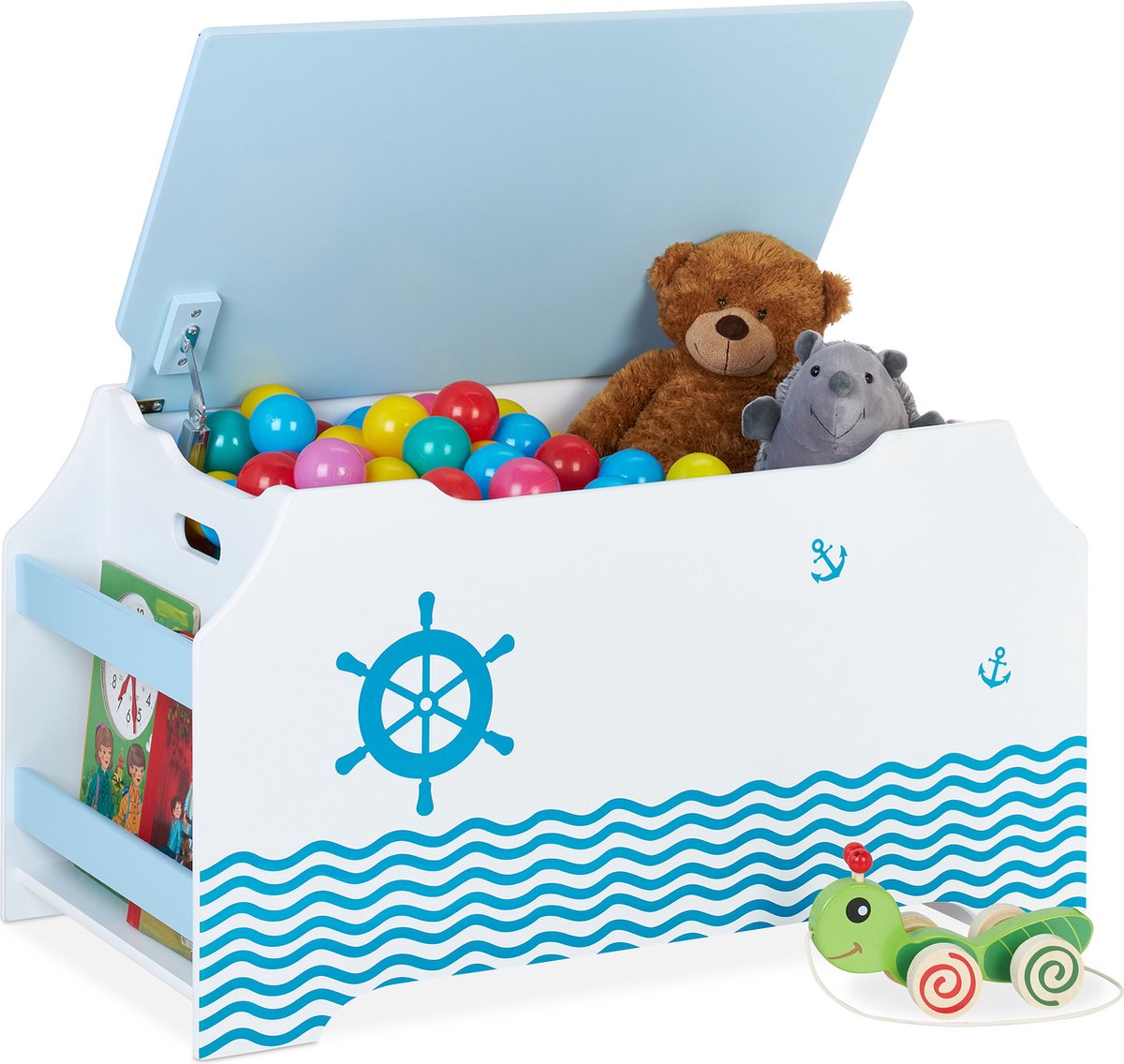 Relaxdays speelgoedkist zeeman, speelgoed opbergkist met klep, HBD 46 x 84 x 42,5 cm, boekenvak, speelgoedbox, wit/blauw