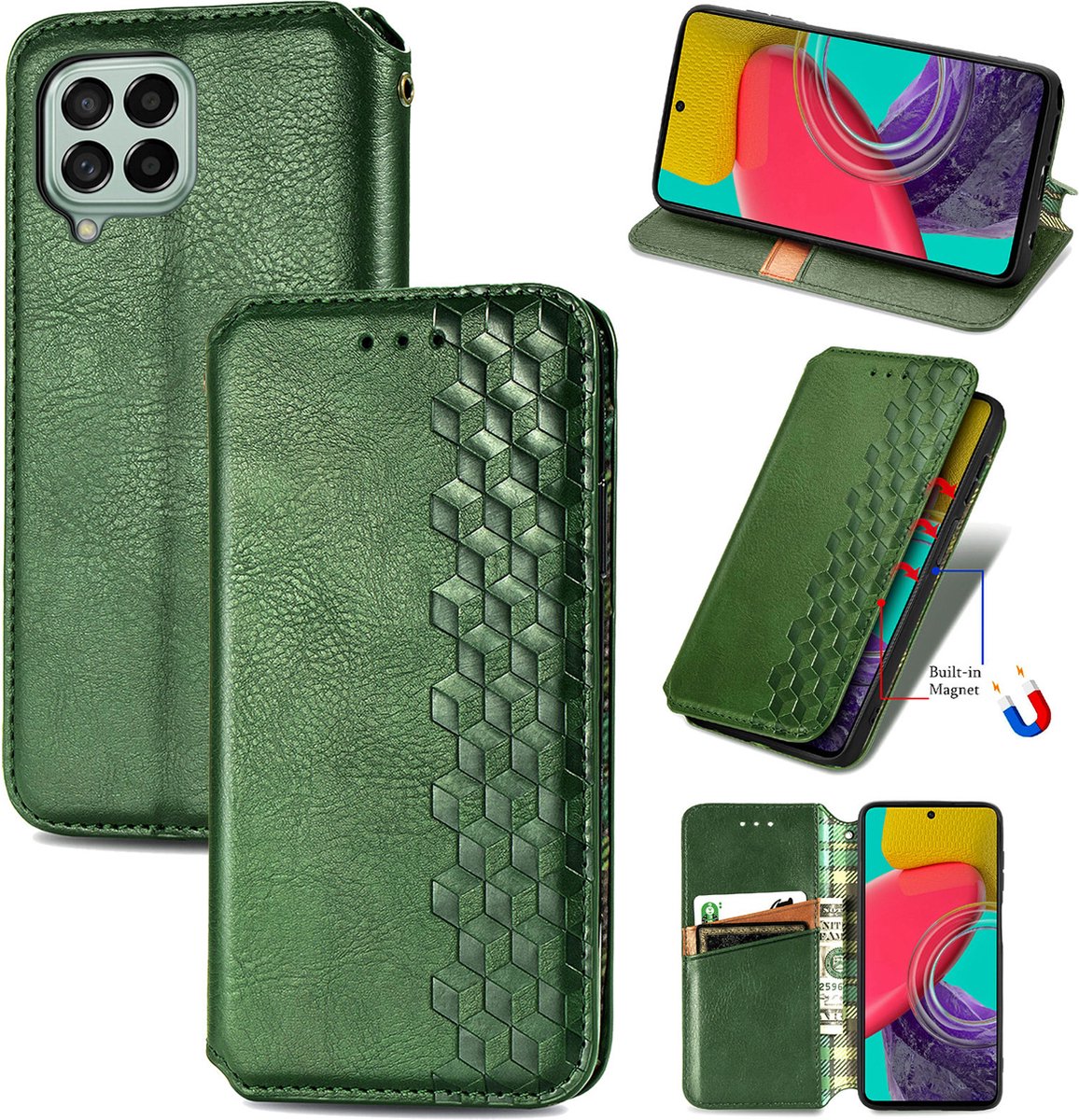 Luxe PU Lederen Ruitpatroon Wallet Case + PMMA Screenprotector voor Galaxy M53 _ Groen