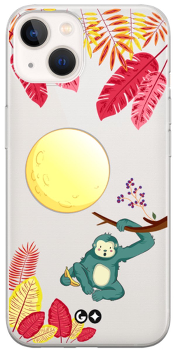 Telefoonhoesje geschikt voor Apple iPhone 14 Plus - Transparant Siliconenhoesje - Flexibel en schokabsorberend - Dierencollectie - Moonlight Monkey - Rood