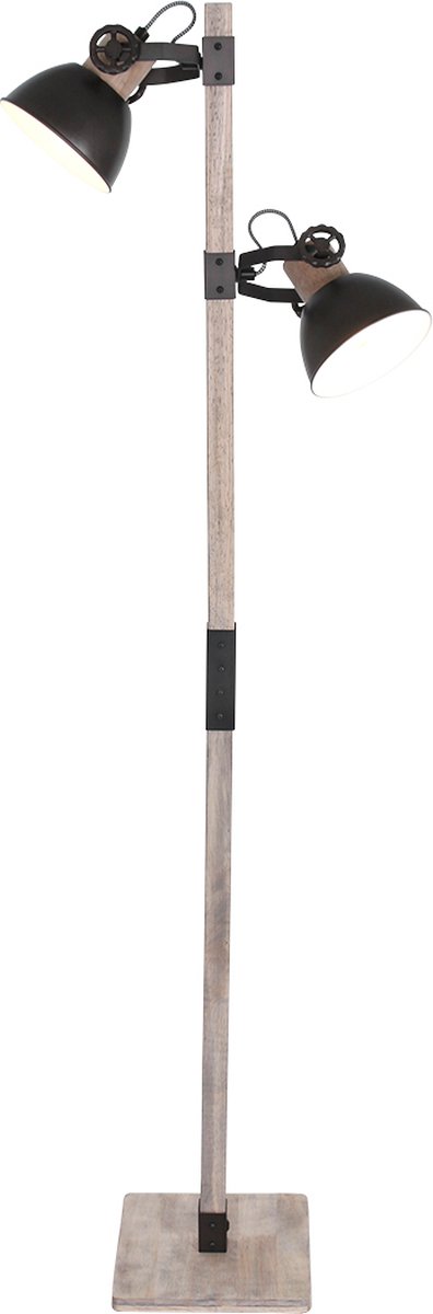 Vloerlamp Gearwood | 2 lichts | bruin / grijs / naturel hout / zwart | hout / gun metal | 150 cm hoog | woonkamer lamp / staande lamp | modern / stoer design