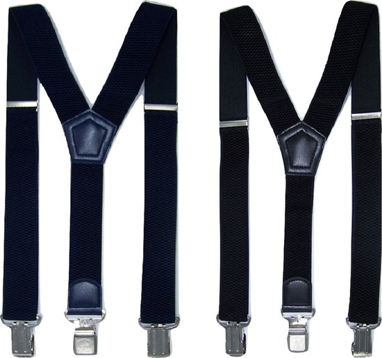 Zwarte en Donkerblauwe Bretels met stevige sterke brede stalen clips Duo Pack