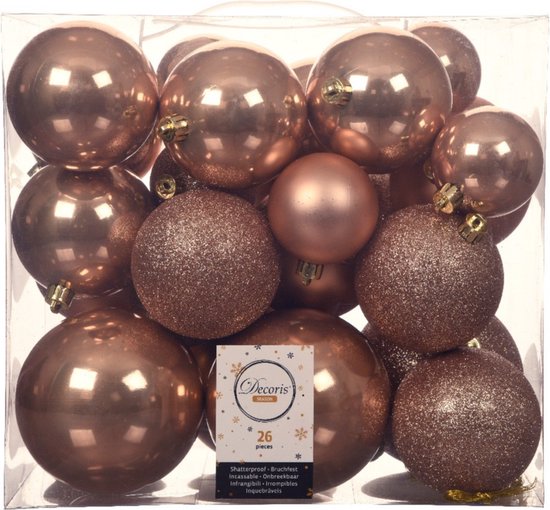 Boules de Noël en plastique avec visière en verre - marron caramel - 27 pièces