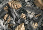 Fotobehang - Vlies Behang - Grijze en Gouden Botanische Jungle Bladeren - 312 x 219 cm