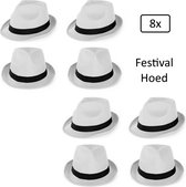 8x Festival hoed wit met zwarte band - Hoofddeksel hoed festival thema feest feest party