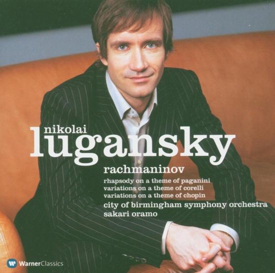 Nikolai Lugansky in gestreept pak, met de tekst 'Lugansky Rachmaninov Rhapsody on a theme of paganini'.